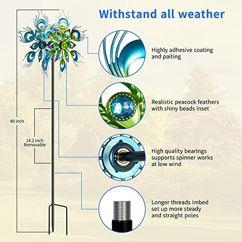 Peacock Wind Spinner, 48Inch Double Wind Sculpture, Wind Sculptures & Spinners Outdoor Metal Stake Yard Spinners, Garden Wind Catcher Wind Mills, Lawn&Garden… - Image 3