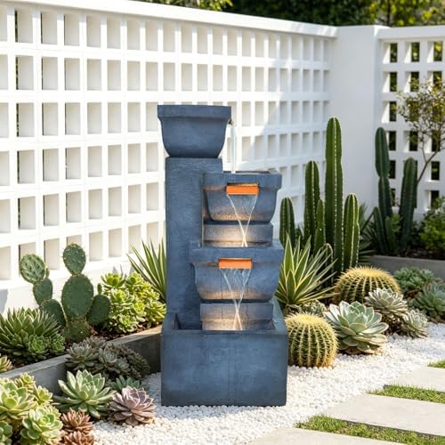 4-Tier Rock Outdoor Water Fountain, Resin with LED Light, 42 in by Swiftbloom