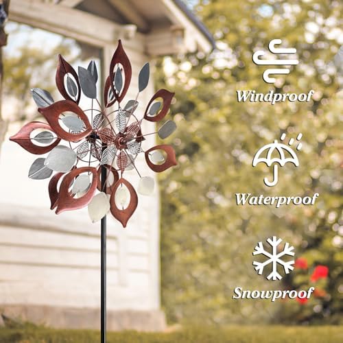 GUAGUA 74 Inch Metal Wind Spinner, Willow Leaf Kinetic Yard Decor,Red - Image 3