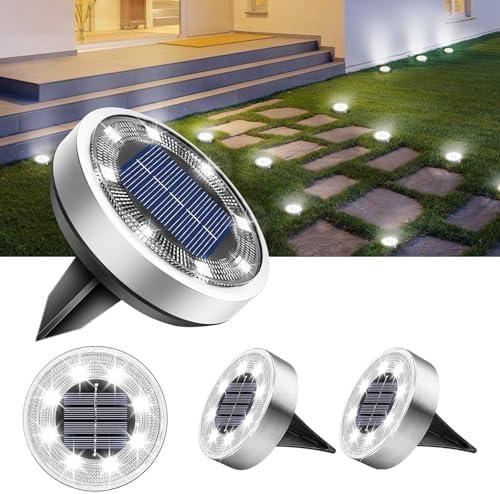 4 Pack Solar Ground Lights Outdoor, 12 LED Solar Disc Lights IP68 Waterproof Flat Solar Lights, Pathway Lights Garden Lights In-Ground Landscape Lights for Yard Lawn Patio Pathway Driveway Lighting(Wh by GQMYCDM