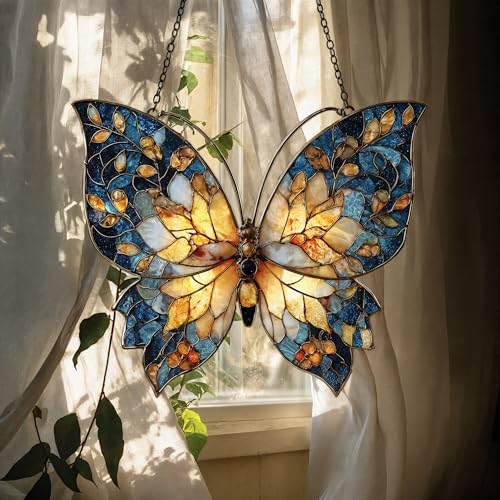 Blue and Gold Butterfly Acrylic Suncatcher - Faux Stained Glass Indoor Window Hanging Ornament, Outdoor Sun Catcher Panel, Home Decor Gift for Butterfly Lovers by Unknown