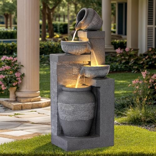 Grepatio Outdoor 4-Tiers Water Fountain, Garden Cascading Waterfalls Fountain with LED Lights, 32" H Modern Indoor/Outdoor Bowl Waterfall Feature Water Fountains for Garden, Patio, Yard Decor (Grey) by Takesyoutohaveawonderfullife