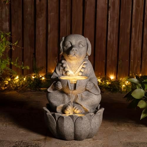 Glitzhome Water Fountain Outdoor, Outdoor Fountain with Lights&Pump, 22" H 2-Tiered Concrete Dog Statue Zen-Style Water Fountain Polyresin Water Feature for Home Patio Garden Backyard Decor - Image 3