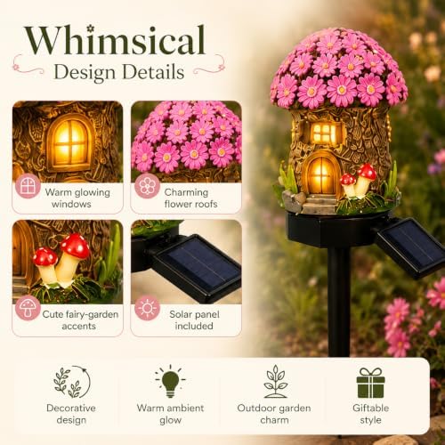 6 Pack-Solar Lights Outdoor, Mushroom Fairy House Stake Lights, Waterproof Cute Garden Decor for Yard, Lawn, Pathway, Patio & Cottage Garden - Image 3