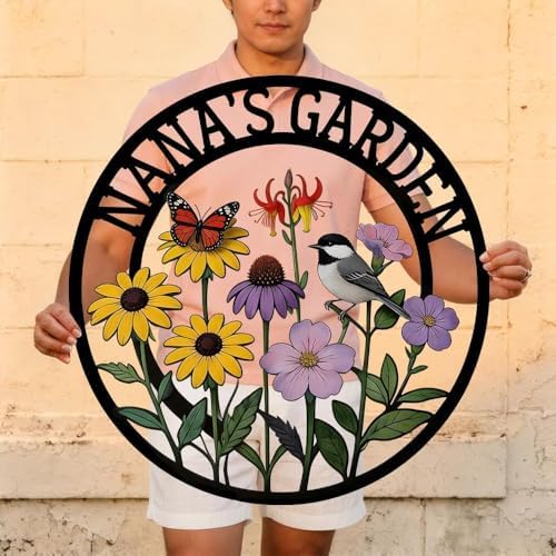 Nana’s Garden Custom Metal Wall Decor – Round Laser-Cut Plaque with Chickadee Bird, Monarch Butterfly & Blooms, Exquisite Floral & Bird Pattern, Heavy-Duty Weather-Resistant Metal Decor, Thoughtful Gift for Grandma, Outdoor Garden, Patio and Home Wall ... - Image 3