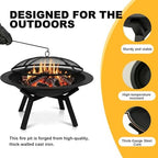 Outdoor Wood Burning Fire Pit, Heavy Duty Round Steel Fire Bowl for Backyard, Patio, Camping, Bonfire, Black Finish, with Mesh Spark Screen and Hook - Image 4