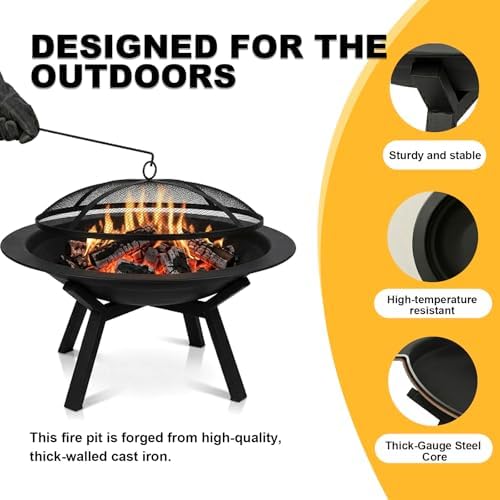 Outdoor Wood Burning Fire Pit, Heavy Duty Round Steel Fire Bowl for Backyard, Patio, Camping, Bonfire, Black Finish, with Mesh Spark Screen and Hook - Image 4
