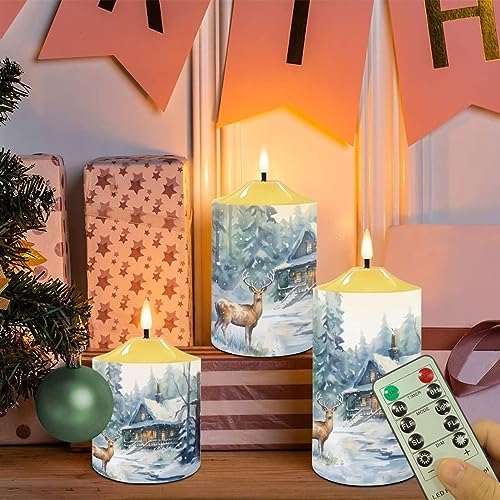 Cozeyat Christmas Decor Flameless Electric Candles with Remote, Christmas Cottage Elk Snowscape Design Ivory Pillar Battery Operated Candles with Dancing LED Flame,Warm Yellow Tea Lights Set of 3 - Image 5