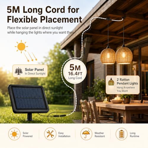 Rattan Solar Lanterns Outdoor, Solar Powered Hanging Lamp with Remote Control, 16.4FT Cord, Warm Outdoor Pendant Light for Patio, Porch, Gazebo, Pergola, Garden (2 Pcs Grey) - Image 4