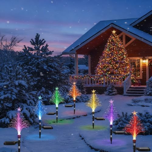 Baquler 6 Pack Solar Christmas Tree Garden Stake Lights Outdoor Waterproof Color Changing Christmas Lighted Yard Decorations Optical Fiber Xmas Pathway Lights for Lawn Patio Cemetery (7 Color Change) - Image 5