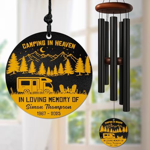 Personalized Camping Memorial Wind Chime – “Camping in Heaven” Custom Name & Years Tribute – Sympathy Gift for Campers – Remembrance Windchime for Loss of Loved One & Bereavement Support Keepsake by AlpadilCo