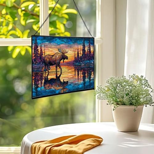 Moose Wading Through Shimmering Lake Rectangular Stained Glass Suncatcher – Hanging Window Panel with Animal & Nature Scene – Vibrant Glass Art Gift for Wildlife, Fantasy, Nature Lovers OAlBEX - Image 2
