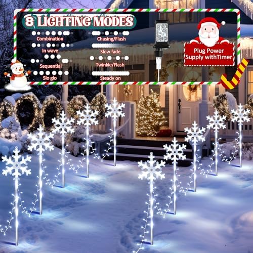 10 Pcs Christmas Snowflake Pathway Stake Lights for Outdoor Yard, 370 Bright LEDs Waterproof Large Christmas Snowflake Light Decoration for Garden Lawn Driveway Walkway Decor(Cool White) - Image 3