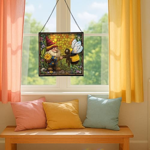 Bee Friend Gnome Stained Glass Suncatcher – Square Hanging Window Panel for Home or Greenhouse – Whimsical Glass Art Gift for Garden Lovers, Christmas, Halloween, Father Days NXogQg - Image 5