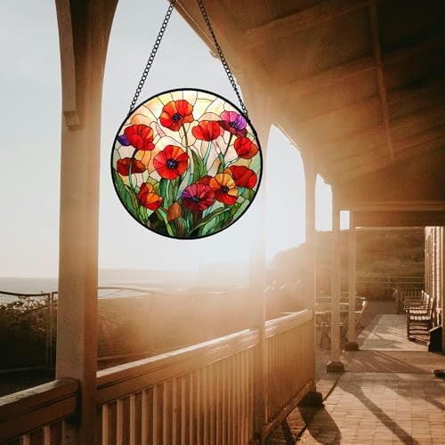 Red Poppy Flower Stained Glass Window Hanging Suncatcher Gifts for Mom 15" - Image 3