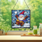 Snowball Gnome Joy Stained Glass Suncatcher – Square Hanging Window Panel for Home or Greenhouse – Whimsical Glass Art Gift for Garden Lovers, Christmas, Halloween, Father Days FU1p6u - Image 2