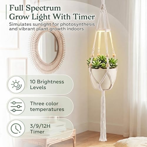 Huquary 3 Pack Macrame Hanging Plant Hanger with Grow Light,White - Image 4