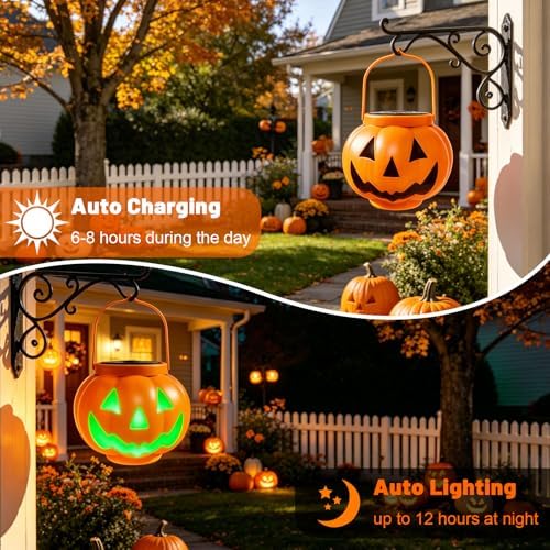BRIGHTDECK Halloween Pumpkin Solar Lanterns 2 Pack, Jack O Lantern Pumpkin Lights for Halloween Decorations Outdoor, Weatherproof & Portable Fall Yard Decor (2Pack Red＆Green) - Image 4