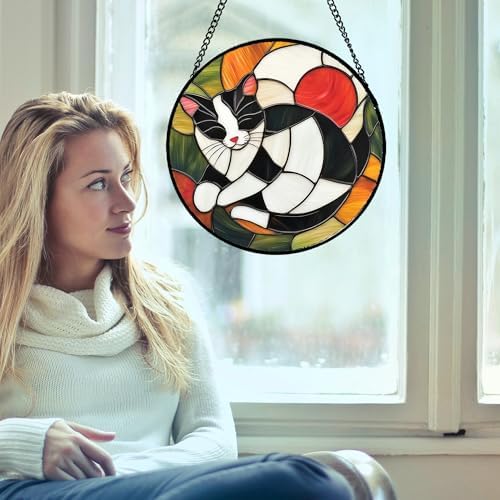 Cozy Tuxedo Cat Stained Glass Window Hanging Suncatcher Gift for Mom 15" - Image 3