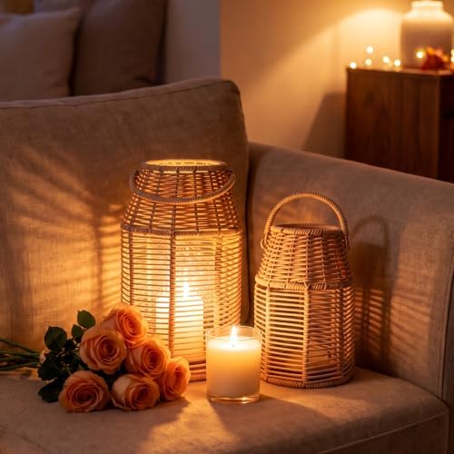 2 Pack Rattan Lanterns Boho Decor 10" 8", Handwoven Wicker Outdoor Patio Decor with Handle, Woven Lamp Shades for Home, Front Porch, Tabletop, Indoor Decoration - Image 4