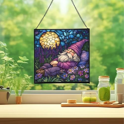 Lavender Rest Gnome Stained Glass Suncatcher – Square Hanging Window Panel for Home or Greenhouse – Whimsical Glass Art Gift for Garden Lovers, Christmas, Halloween, Father Days iDlDMB - Image 2