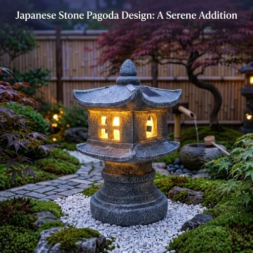 Pagoda Garden Statue, 9.6inch Resin Zen Garden Lanterns with Solar Light, Waterproof Japanese Pagoda Landscape Decorative Suclpture for Yard Patio - Image 5