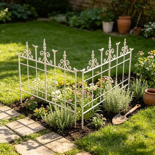Vintage Distressed White Metal Garden Fence Panels, 25.6" W x 23.2" H Rustic Cast Iron Picket Fence, Outdoor Landscape Edging Yard Stakes for Flower Bed & Lawn Border - Image 4