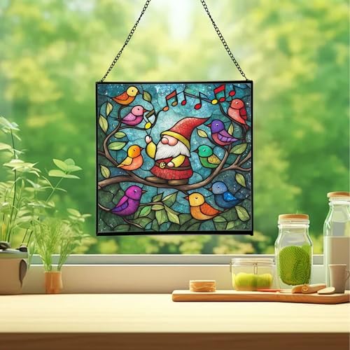 Gnome with Singing Birds Stained Glass Suncatcher – Square Hanging Window Panel for Home or Greenhouse – Whimsical Glass Art Gift for Garden Lovers, Christmas, Halloween, Father Days HJXeXZ - Image 2