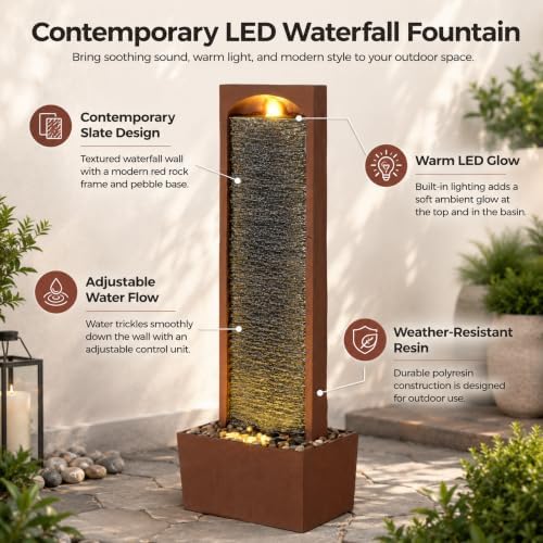 Teamson Home 38.5" Faux Slate Outdoor LED Waterfall Fountain, Red Rock - Image 3