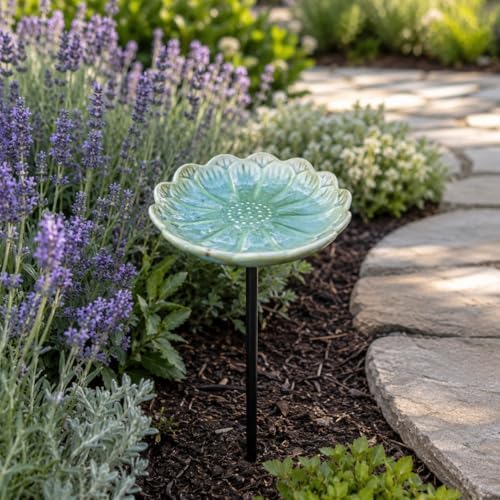 Ceramic Pollinator Watering Station for Garden, Flower Shaped Bee Butterfly Water Feeder Bowl on Stake, Outdoor Yard Decor, 1 Pack, Blush Pink - Image 4