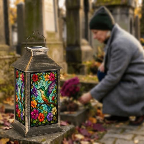 Solar Lantern Colorful Stained Glass Artwork Hummingbirds Garden Hanging Lantern Waterproof Solar Powered Lighting Outdoor Table Lamp for Patio Yard Memorial Gifts Grave Decorations for Cemetery - Image 7
