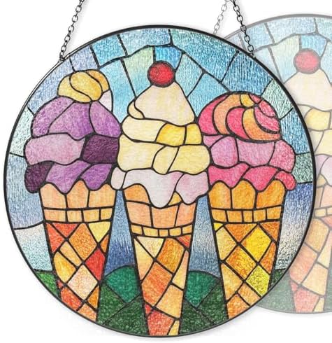 9.84 Inch Stained Glass Window Hanging Ice Cream Cone Sun Catchers Handmade Decorative Sun Catchers for Windows Hanging Stain Glass Decoration for Decor Garden Outdoor Indoor Window Decor Gift by Unknown