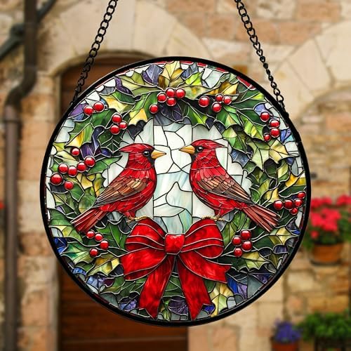 Cardinals Green Wreath Stained Glass Window Hanging Suncatcher Gifts 9.8" - Image 4
