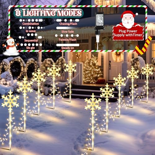 10 Pcs Christmas Snowflake Pathway Stake Lights for Outdoor Yard, 370 Bright LEDs Waterproof Large Christmas Snowflake Light Decoration for Garden Lawn Driveway Walkway Decor (Warm White) - Image 3