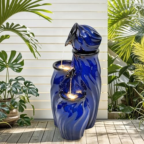 29" Ceramic Water Fountain Outdoor, 4-Tier LED Cascading Waterfall - Image 4