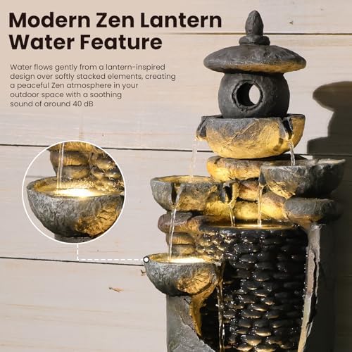 Tankana Zen Tiered Rock Water Fountain Outdoor, Stone Look Cascading Indoor Waterfall Fountains with Built-in Warm LED Lights, Japanese Tabletop Fountain for Patio Balcony Yard Meditation Decor - Image 5