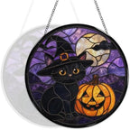 Blact Cat Witch Hat Halloween Stained Glass Suncatcher 9.8" Colorful Window Hanging Ornament, Retro Sun Catcher Decor with Chain for Home Wall Garden Birthday Christmas Mothers Day - Image 5