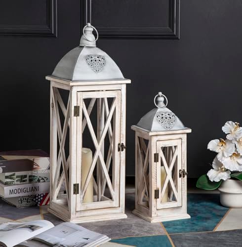 Set of 2 Large Farmhouse Wooden Metal Lanterns, Rustic Decorative Floor Candle Lanterns, Whitewash Distressed Hanging Lanterns for Home Decor (No Glass) - Image 4