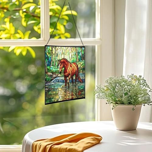 Chestnut Tennessee Walking Horse Stepping Through Shallow Creek Square Suncatcher – Stained Glass Style Window Panel with Scene, Custom Decorative Hanging Art for Equestrian Home, Christmas sxk4hZ - Image 2