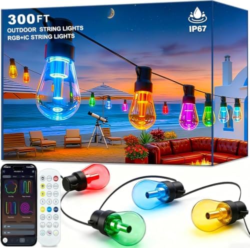 300FT RGB+IC Outdoor String Lights, Dimmable Shatterproof LED Bulbs, IP67 Waterproof DreamColor Chasing Lights, Multicolor Dynamic Lighting for Patio Balcony Garden & Outdoor Living Area Decoration by Beizelte