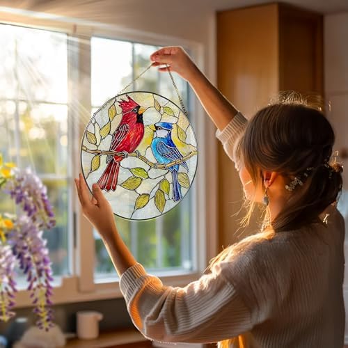 8″ Cardinal & Blue Jay Suncatcher, Stained Glass Window Hanging & Ornament, Window Decor, Holiday & Christmas Ornaments | Bird Lover Gifts, Gifts Exchange, Gift Ideas - Image 2
