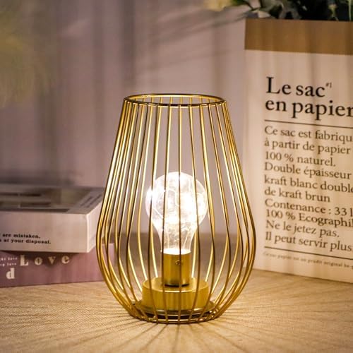 TRIROCKS Metal Cordless Table Lamp - 8'' Tall Set of 12 Cage Shape Battery Operated Lamp with Fairy Lights Bulb for Indoor/Outdoor Use Perfect for Christmas Garden and Weddings (Gold,Set of 12) - Image 3