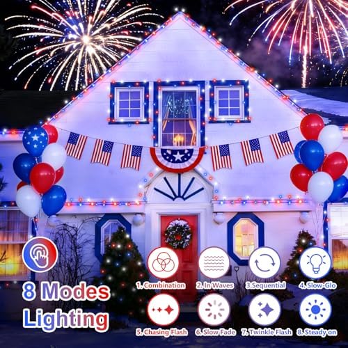 QITONG Red White and Blue Solar String Lights, 2 Pack Each 66ft 200 LED 4th of July Lights Outdoor Waterproof, 8 Modes Green Wire Patriotic Led Lights for Independence Memorial Day Decor - Image 4