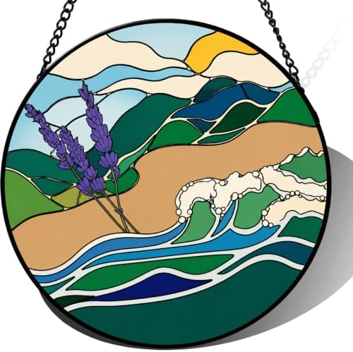 Stained Glass Suncatcher Beach Wave Lavender Landscape Window Hanging Coastal Home Decor Art Glass Gift for Mom Grandma Wife Friend Housewarming Birthday Christmas 9.8 Inch by Unknown