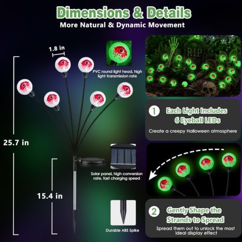 EEW Solar Halloween Decorations Outdoor 8 Pack 48 LED Eyeball Lights Green - Image 6