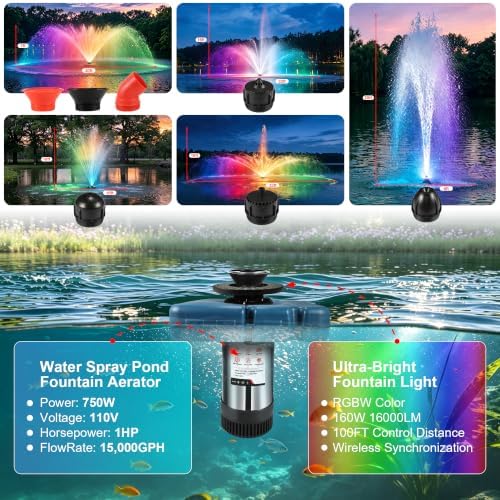 Goldlife Pond Fountain Aerator With Lights, F2 w/ F0-1 Light, 7 Nozzle, 1HP - Image 4