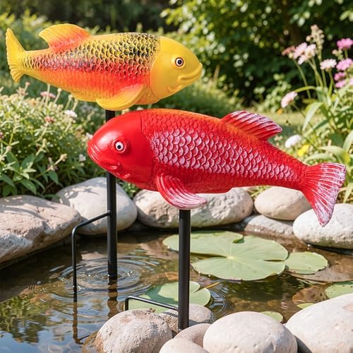 Teaeeno Set of 2 Koi Fish Garden Stakes, Red & Gold Resin Sculptures, Weatherproof Outdoor Patio Pond Decor, Feng Shui Yard Art, Easy Setup Gift (Red & Yellow) - Image 6