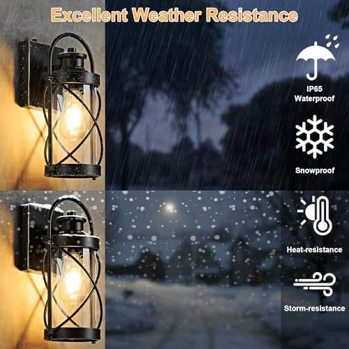 Dusk to Dawn Outdoor Wall Lights Fixtures, Waterproof Exterior Lighting with Photocell Sensor, Vintage Black with Gold Trim Metal Cage Lantern, Outside Lights for House Porch Patio Garage, 2 Pack - Image 5