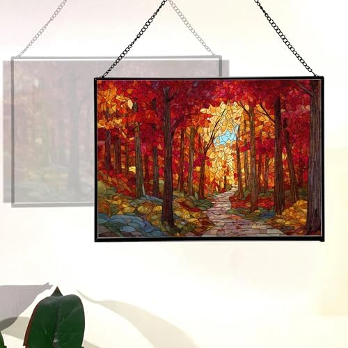 Path Through Glowing Autumn Forest Rectangular Stained Glass Suncatcher – Hanging Window Panel with Animal & Nature Scene – Vibrant Glass Art Gift for Wildlife, Fantasy, Nature Lovers s7FLYi - Image 3