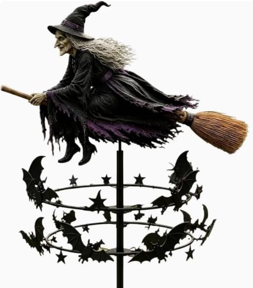 Halloween Witch Wind Spinner, 47" Metal Garden Stake with Rotating Spinning Wheels, Flying Witch Silhouette Art Decor, Spooky Outdoor Lawn Ornament for Halloween Patio Garden Pathway - Image 6